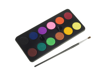 water based paint and paint bruch isolated on white