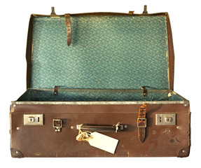 Vintage brown leather suitcase, open.  With clipping path.