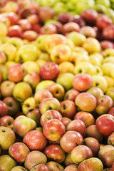 Red and yellow apples piled on table at produce market.