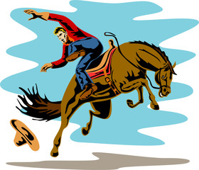 Rodeo-cowboy rijdt op een bokkende bronco
