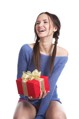 The beautiful girl receives a gift