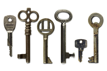 set of six vintage keys on white