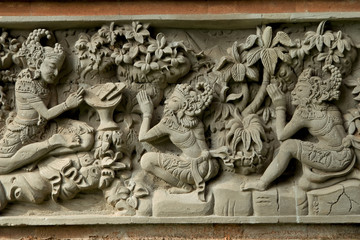 balinese bas relief decoration on temple close up