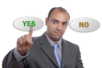 young business man presses the yes button