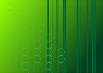 Green abstract background with stripes and hexagons