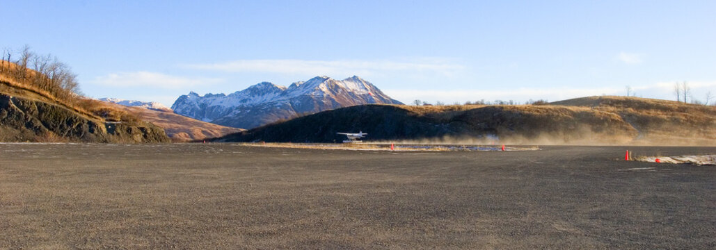 Dirt and gravel airplane runway at a remote location in Kodiak Alaska
