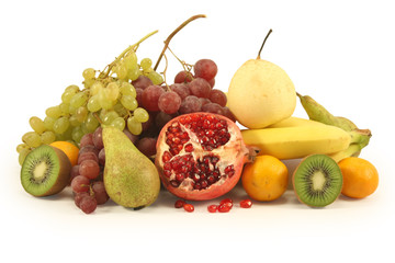 Different fruits on a white background.
