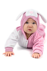 Happy four months baby wearing pink bunny suite