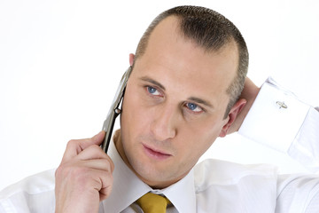 businnesman with a phone on whrite background