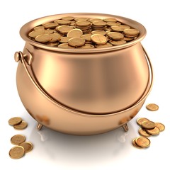 Golden pot full of gold coins with dollar sign.