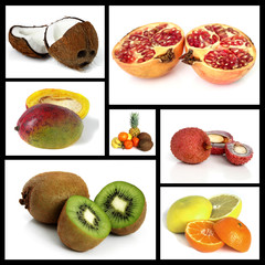 Table with collage varied fruits