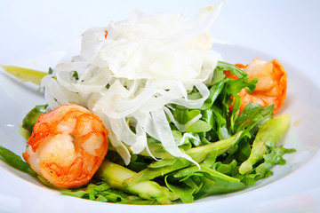 Green salad with king prawns