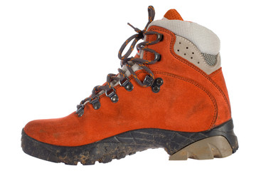 single red trekking boot from side