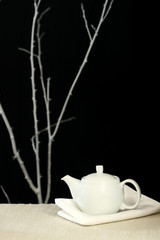 Modern interior still life with a white teapot and tree