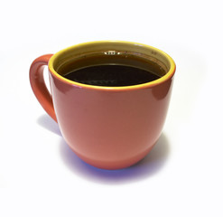 glazed pottery coffee cup with coffee on white background