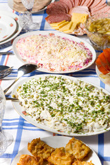 the table with various food and dishes