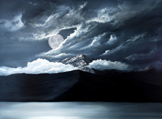 Original Oil Painting of the Moon over lake Tahoe