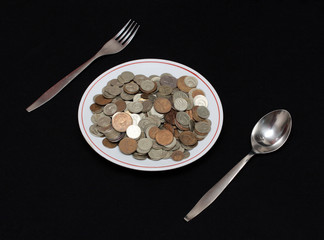 money to eat concept - coins in plate