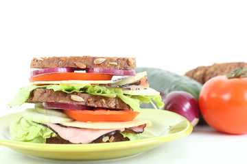 big sandwich and everything you need to have delicious breakfast