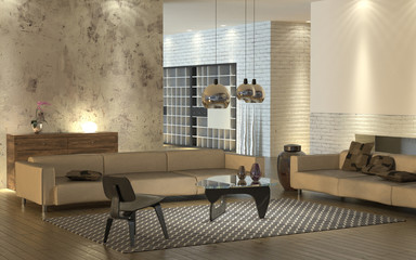 Modern living room with light leather sofas and design furniture