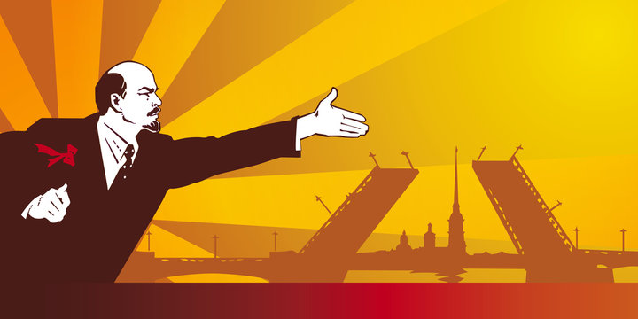 Lenin on the background of bridges in St. Petersburg, in the sunshine