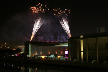 fireworks display on the portuguese pavillion at lisbon