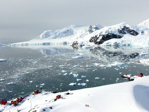 the view overlooking alimirante brown station in antarctica.