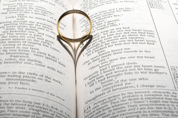 A wedding ring on a bible open to marriage scripture.