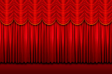 Large red stage curtains with yellow border