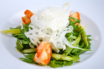 Green salad with king prawns