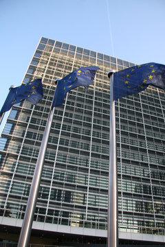 European commission building with flags in Brussels