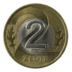 Polish 2 zloty coin, macro isolated on white