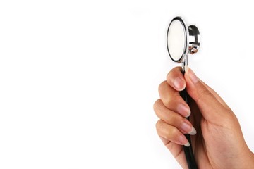 A hand holding a stethoscope in white background.