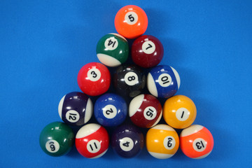 15 spot and stripes pool balls triangle.