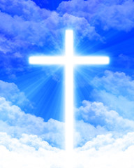 Bright glowing cross in the clouds