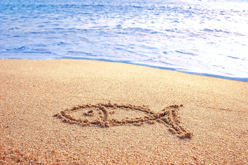 Fish sign drawn o a beach