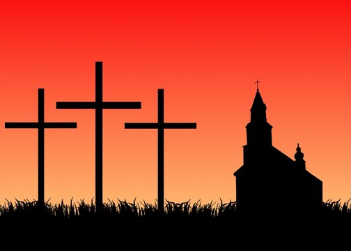 three crosses an church at sunset