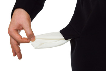 Hand and empty pocket, isolated on white background