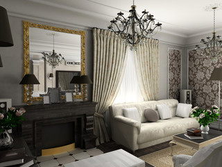 living-room with the classic furniture. 3D render. Living-room.