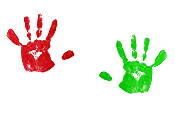 close up red child handprints on white
