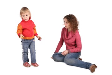 mother and daughter on white