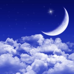 Obraz na płótnie Canvas New moon and stars shining above blue clouds