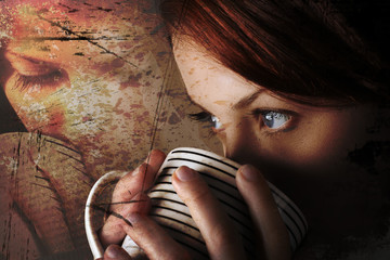 Lady drinking hot beverage. Sharp striking eyes