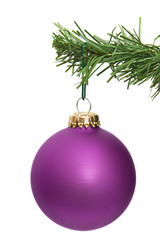 pink ornament hanging on a pine tree branch