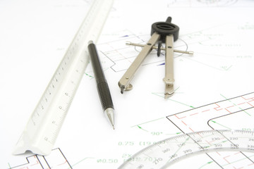 drawing tools with a technical print background