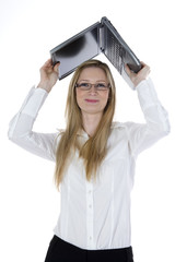 business woman and laptop on white background