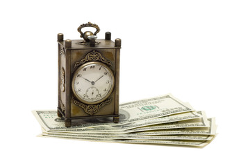 Retro clock and money, isolated on white background