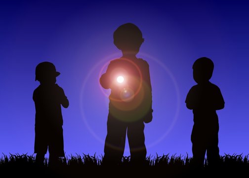 Kids With Flashlight At Night