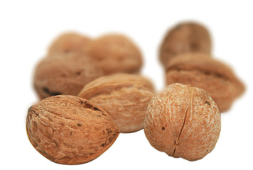 Walnuts in a peel. It is isolated on a white background