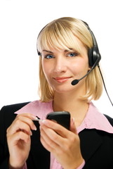 Beautiful hotline operator with cellphone in her hands